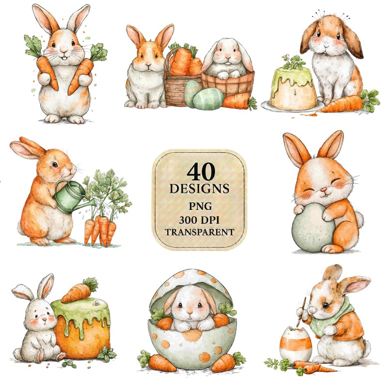 40 Easter Bunny PNG Bundle Watercolor Rabbit Sublimation, Cute Spring ...