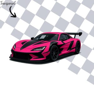 以下が含まれることがあります： 黒いアクセントとリアスポイラーを備えた鮮やかなピンクのスポーツカー。 車は黒いホイールを備えた洗練されたデザインで、グレーと白のチェック柄の背景に設定されています。