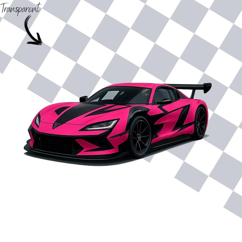 以下が含まれることがあります： 黒いアクセントとリアスポイラーを備えた鮮やかなピンクのスポーツカー。 車は黒いホイールを備えた洗練されたデザインで、グレーと白のチェック柄の背景に設定されています。