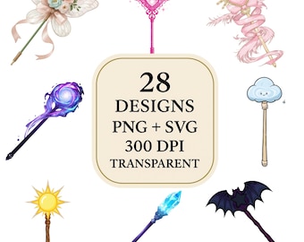 Paquete de imágenes prediseñadas de varitas mágicas • Varitas de hadas en PNG y SVG • 28 diseños • Arte de varitas fantásticas • 300 DPI transparente • Gráficos para niños y manualidades