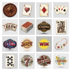 Può includere: Una collezione di illustrazioni a tema casinò. Include una roulette, carte da gioco con cuori, quadri e picche, un mazzo di carte e loghi di casinò con testo come "Casino" e "Jackpot".