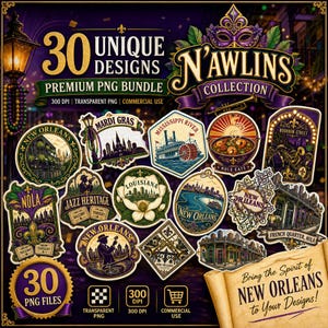 May include: A digital graphic bundle featuring 30 unique New Orleans themed designs. The collection includes illustrations of jazz musicians, steamboats, architecture, and Mardi Gras motifs in purple, gold, and green, with text reading N'AWLINS.