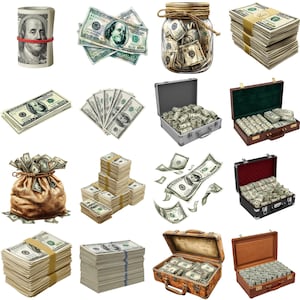 May include: A collage of images featuring stacks, bundles, and loose U.S. hundred-dollar bills. Some bills are secured with rubber bands, while others are in a glass jar, a money bag, and briefcases. The bills are green and white.