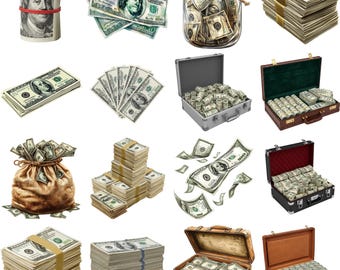 Paquete PNG de dinero de lujo / Conjunto de imágenes prediseñadas realistas de efectivo y dólares / Gráficos de riqueza de alta gama para impresión bajo demanda