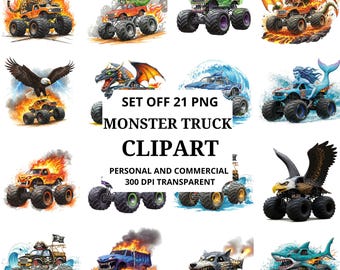 Paquete de imágenes prediseñadas de camiones monstruo: camiones de fantasía, dinosaurios, dragones, sirenas y tiburones. Uso comercial. Descarga digital, 300 DPI.
