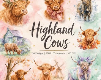 Highland Cow Clipart PNG Bundle, Watercolor Farm Png, Scottish Cow Art, Cottagecore Nursery Decor, Rustic Cow Design, Instant Download