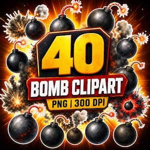 May include: A digital graphic featuring the text 40 BOMB CLIPART PNG | 300 DPI in yellow and white lettering. The background displays multiple black spherical bombs with lit fuses, surrounded by orange and yellow explosive light bursts.