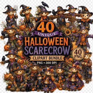 May include: A digital clipart bundle featuring 40 unique scarecrow illustrations with pumpkins, sunflowers, and black crows. The central text reads 40 UNIQUE HALLOWEEN SCARECROW CLIPART BUNDLE 40 PNG 300 DPI, set against a dark, decorative background.