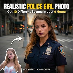 May include: Image features a woman in a police uniform with the text "REALISTIC POLICE GIRL PHOTO" and "Get 10 Different Scenes in Just 6 Hours." A smaller image shows the same woman in a different outfit. The text "100% Realistic • No Face Change" is also present.