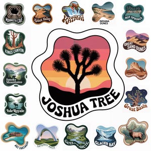 Puede incluir: Una colección de pegatinas troqueladas y coloridas con diseños de parques nacionales y lugares emblemáticos. Incluye imágenes de Joshua Tree, Mammoth Cave, Katmai, etc. Cada pegatina tiene una forma y un diseño únicos, con etiquetas de texto.