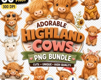 ハイランド牛のクリップアートPNGバンドル、かわいい子牛のファームハウスデザイン、ふわふわのスコットランド牛の水彩画、保育園の昇華プリント用インスタントダウンロード