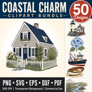 Könnte beinhalten: Ein digitales Clipart-Paket mit dem Titel Coastal Charm mit 50 Designs, darunter ein Haus mit grauen Schindeln, blauem Dach und weißem Lattenzaun, ein Leuchtturm, blaue Hortensien, ein Fischerboot, ein Ruderboot und Küstengras.