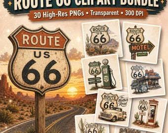 Route 66 Clipart PNG Bundle, Vintage Highway Png, Road Trip Sign Art, Americana Travel Decor, Retro Diner Design, Instant Download