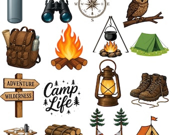 Camping Clipart PNG Bundle | Outdoor Adventure Elements | Campfire, Tent, Lantern, Hiking Boots, Forest Animals