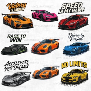 以下が含まれることがあります： オレンジ、ピンク、赤、黒、黄色など、さまざまな色のスポーツカーの9つの様式化されたイラストのコレクション。各車にはスポイラーとレーシングストライプが付いています。「Victory is Earned」や「Speed is My Game」などのフレーズを含むテキストオーバーレイ。