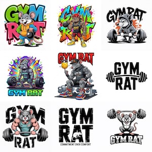 May include: A collection of nine colorful illustrations featuring cartoon mice engaged in various gym activities. The phrase "GYM RAT" is prominently displayed in bold, stylized lettering. The mice are depicted lifting weights, using kettlebells, and wearing athletic attire.