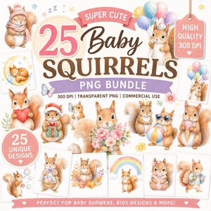 Watercolor Squirrel Clipart Bundle, Cute Baby Squirrel PNG, Floral Animal Sublimation, Woodland Nursery Wall Art, Sticker Forest Printable
