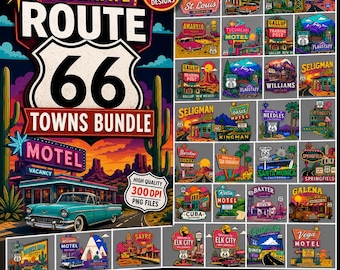 Puede incluir: Una colección digital de 30 diseños gráficos con temática de la Ruta 66 que incluye ilustraciones vibrantes de moteles, monumentos y coches clásicos. La imagen principal muestra un coche clásico de color cerceta frente a un motel.