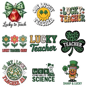 May include: A collection of colorful graphic designs with a St. Patrick's Day theme. Designs include an apple with a bow, a smiley face with shamrocks, flowers, a disco ball, a shamrock, and a leprechaun pencil. Text includes "Lucky Teacher" and "It's not luck, it's science."