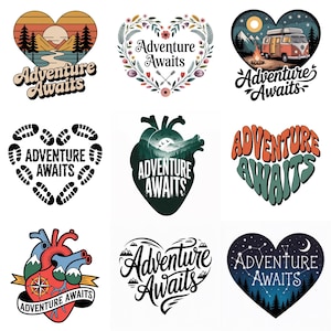 Puede incluir: Nueve diseños en forma de corazón con el texto "Adventure Awaits". Los diseños incluyen una escena de puesta de sol, una corona floral, una furgoneta camper, huellas, un corazón con una escena de montaña y otras ilustraciones creativas.