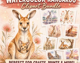 Kangaroo Clipart PNG Bundle, Watercolor Wildlife Png, Australian Animal Art, Nursery Wall Decor, Outback Design Set, Instant Download