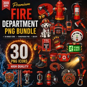 Könnte beinhalten: Eine digitale Sammlung von 30 Icons zum Thema Feuerwehr, darunter ein Dalmatiner-Welpe, ein Hydrant, ein Schlauch, ein Feuerlöscher, eine Axt, ein Alarm, Handschuhe, Stiefel, eine Leiter, eine Taschenlampe und verschiedene Abzeichen.