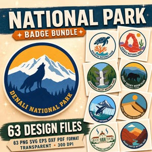 May include: A digital collection of National Park badge designs featuring a large Denali National Park emblem with a wolf silhouette against mountains. Eight smaller circular badges depict various parks including Arches, Biscayne, and Grand Canyon.