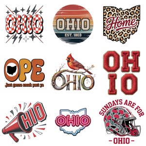 May include: A collection of Ohio-themed designs. Includes a red and white checkered "OHIO" with lightning bolts, a retro sunset design with "OHIO EST. 1803", and a leopard print Ohio outline with "Home". Also features a cardinal and football helmet.
