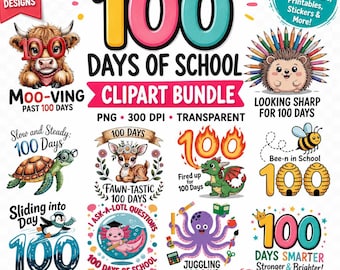 100 Days of School PNG Bundle, Cute Animal Sublimation, Axolotl Dragon Llama Hedgehog Clipart, Funny 100th Day Shirt, 14 Design Big Bundle