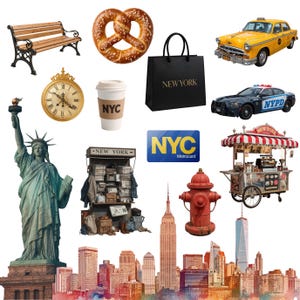 May include: A collection of New York City icons, including the Statue of Liberty, a yellow taxi, a pretzel, a shopping bag, a coffee cup, a newsstand, a fire hydrant, a Metrocards, a police car, a clock, a bench, a food cart, and the city skyline.