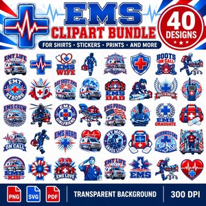 Puede incluir: Un paquete de imágenes prediseñadas digitales con 40 diseños temáticos de servicios de emergencia en rojo, blanco y azul. La colección incluye ilustraciones de ambulancias, equipo médico, socorristas y corazones con líneas de ECG.