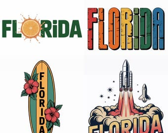 Paquete PNG de Florida: 4 diseños: cohete espacial, tabla de surf, rodaja de naranja y texto retro. Sublimación de viajes vintage. Descarga digital.