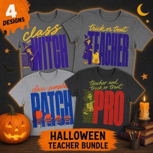 Puede incluir: Cuatro camisetas grises con gráficos y texto de temática de Halloween. Los diseños incluyen 'class WITCH', 'trick or treat TEACHER', 'class pumpkin PATCH' y 'teacher and trick or treat PRO' con ilustraciones de brujas, fantasmas y calabazas.