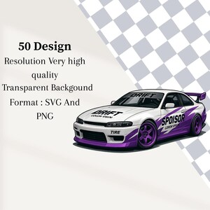 以下が含まれることがあります： フロントガラスと側面に「DRIFT」の文字が入った、白と紫のドリフトカーのイラスト。車は紫色のホイールとアクセントがあり、側面には「SPOISOR」の文字が入っています。画像には「50 Design」と「Format: SVG And PNG」の文字も含まれています。