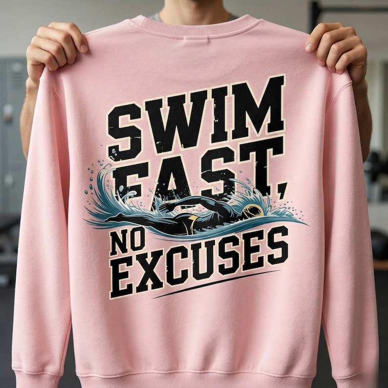 Może przedstawiać: Jasnor&oacute;żowa bluza z napisem "SWIM FAST, NO EXCUSES" w kolorze czarnym. Projekt przedstawia pływaka w wodzie. Bluza ma okrągły dekolt i jest w stylu casual.