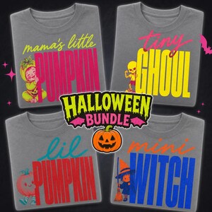 Può includere: Quattro magliette grigie con grafiche e testo di Halloween. In alto a sinistra: 'mama's little PUMPKIN' con un bambino in costume da zucca. In alto a destra: 'tiny GHOUL' con uno scheletro. In basso a sinistra: 'lil PUMPKIN' con una zucca.