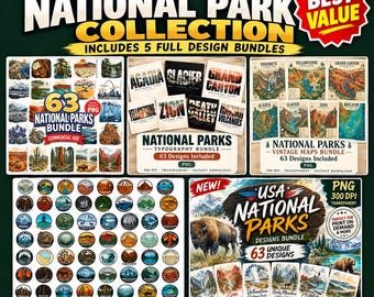 National Parks PNG Bundle, 5 in 1 Collection, USA Park Clipart, Vintage Maps, Watercolor Art, Typography, Badge Designs, Sublimation Files