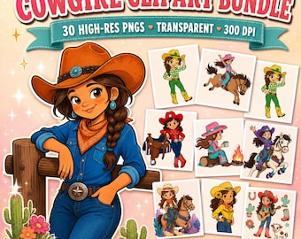 Cowgirl Clipart PNG Bundle, Western Girl Png, Rodeo Party Decor, Cowgirl Hat Clipart, Kids Birthday Design, Instant Download