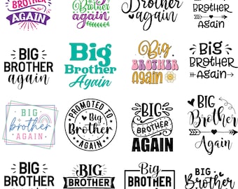 May include: A collection of sixteen graphic designs with the text "Big Brother Again" in various fonts and styles. The designs feature a range of colors, including purple, green, teal, and black, suitable for apparel or crafts.