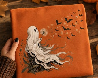 ゴーストタンポポPNG、気まぐれなハロウィンデザイン、コウモリと野花のクリップアート、ダークアカデミアゴシックファンタジーゴースト昇華ダウンロード