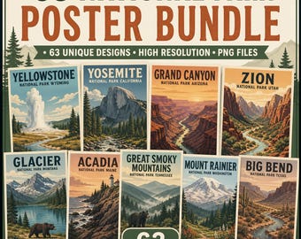 National Park Poster Png Bundle, Yellowstone, Yosemite Png, Grand Canyon, Zion Png, Glacier, Sublimation Design, Digital Download, DTF