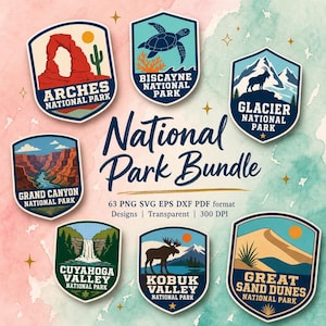 Puede incluir: Una colección digital de siete pegatinas en forma de escudo de los parques nacionales Arches, Biscayne, Glacier, Grand Canyon, Cuyahoga Valley, Kobuk Valley y Great Sand Dunes, con el texto National Park Bundle y detalles de formato.