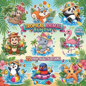 May include: A colorful digital art bundle featuring cartoon tropical animals, including a sloth, squirrel, panda, monkey, elephant, flamingo, penguin, parrot, and starfish. The image includes the text "Tropical Animal Bundle" and "22 High-Quality Designs."