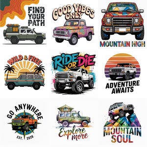 Könnte beinhalten: Eine Sammlung farbenfroher Illustrationen mit Geländewagen. Jedes Design enthält Texte wie "Find Your Path", "Good Vibes Only" und "Adventure Awaits". Die Fahrzeuge werden in verschiedenen Umgebungen dargestellt, darunter Berge und tropische Szenen.