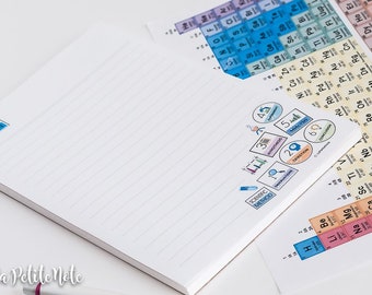 May include: A white lined notepad with a blue and white logo that says "Rebecca Compson". The notepad has several colorful stickers on it, including a periodic table of elements, a sticker that says "Scientific Method", and several stickers with numbers and words like "Hypothesis", "Question", "Observation", "Experiment", and "Conclusion".