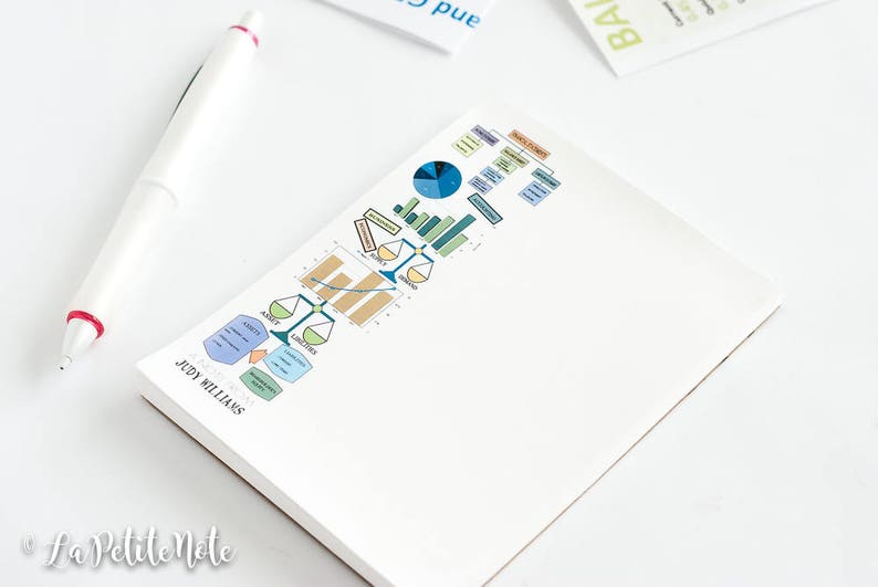 May include: A white notepad with a colorful financial diagram border and the name "Judy Williams" printed on the bottom. A white pen with red accents rests beside the notepad. The notepad is on a white surface.