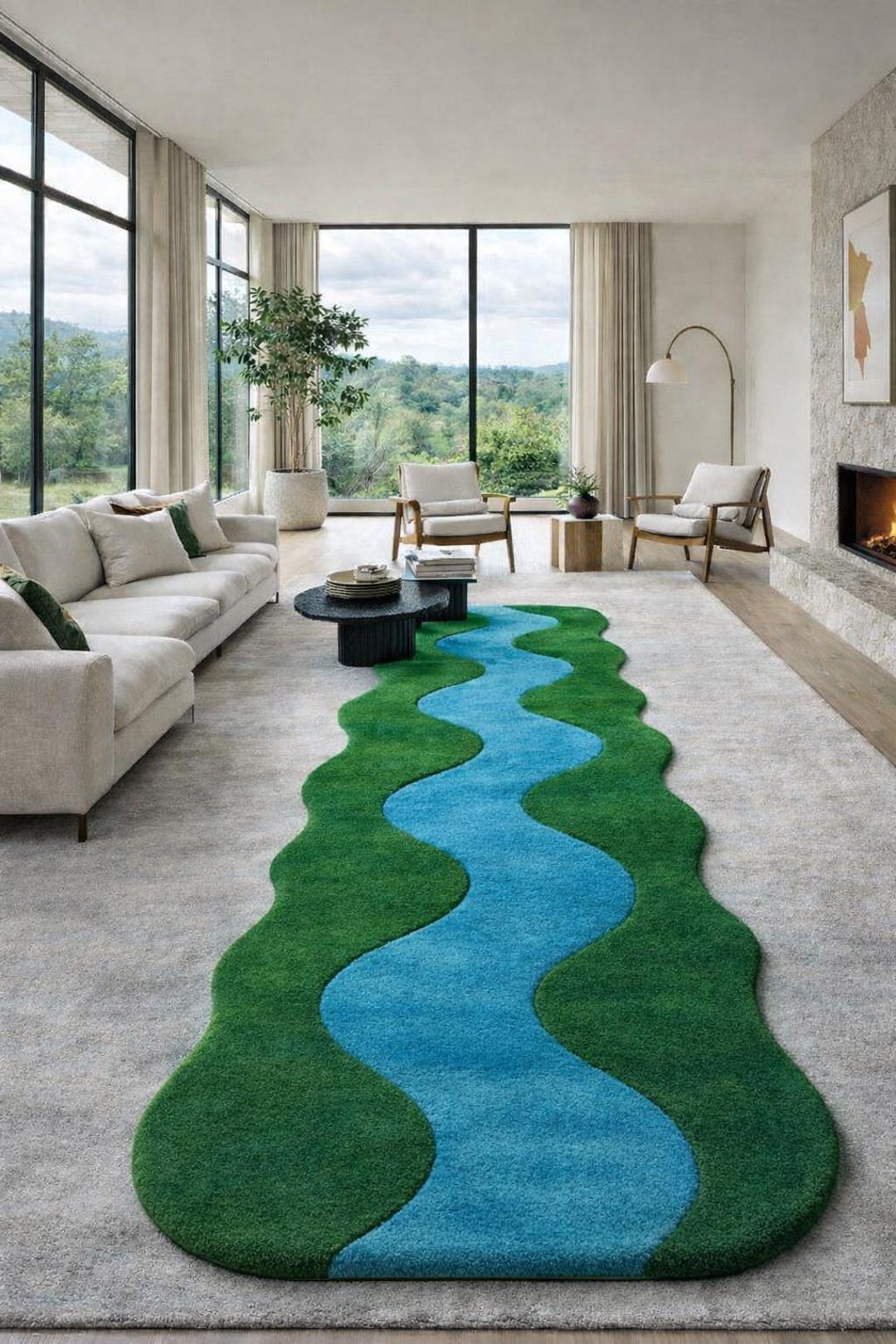 Crystalriver Rug Modern River Shaped Rug, Abstract Green Blue Area Rug, Organic Wavy ...