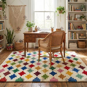 Puede incluir: Una alfombra rectangular con base de color crema que presenta un patrón repetitivo de pequeños motivos en forma de cruz con mechones multicolores en tonos rojo, azul, verde, amarillo y rosa, dispuestos en cuadrícula por toda la superficie.
