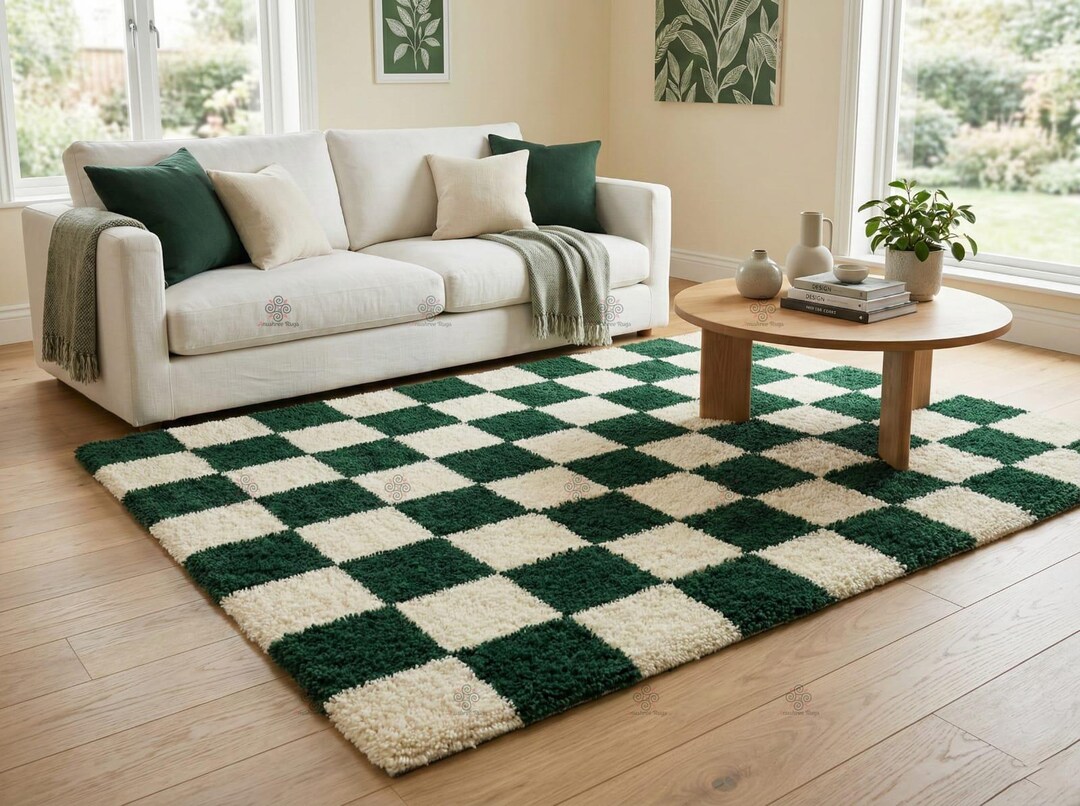 Funky Green Rug Green Checkered Rug | Funky Modern Style , Hand-tufted Wool Carpet - Etsy