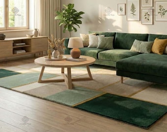 Hand-Tufted Wool Viscose Patchwork Area Rug, Mid-Century Modern Geometric Green (Custom Size)